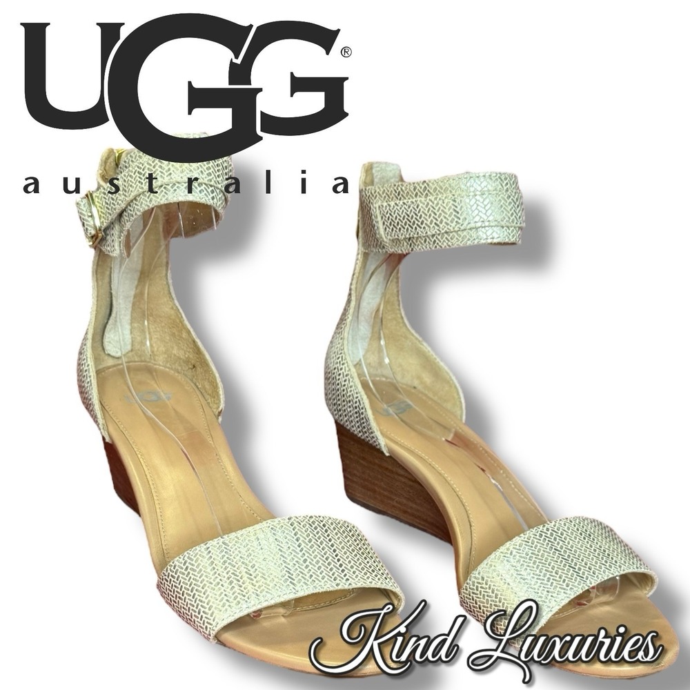 UGG CHAR GOLDEN METALLIC WOMEN'S STRAP WEDGE SANDALS LEATHER US SZ 8.5 or 8 1/2